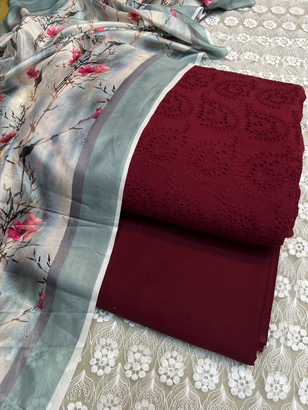 Chikan Kari 3pc With Medium Silk Dupatta 1