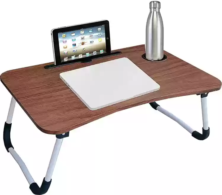 Laptop Table | Brown Color | Foldable Legs, Tablet Groove & Cup Slot | Perfect for Working, Reading,
