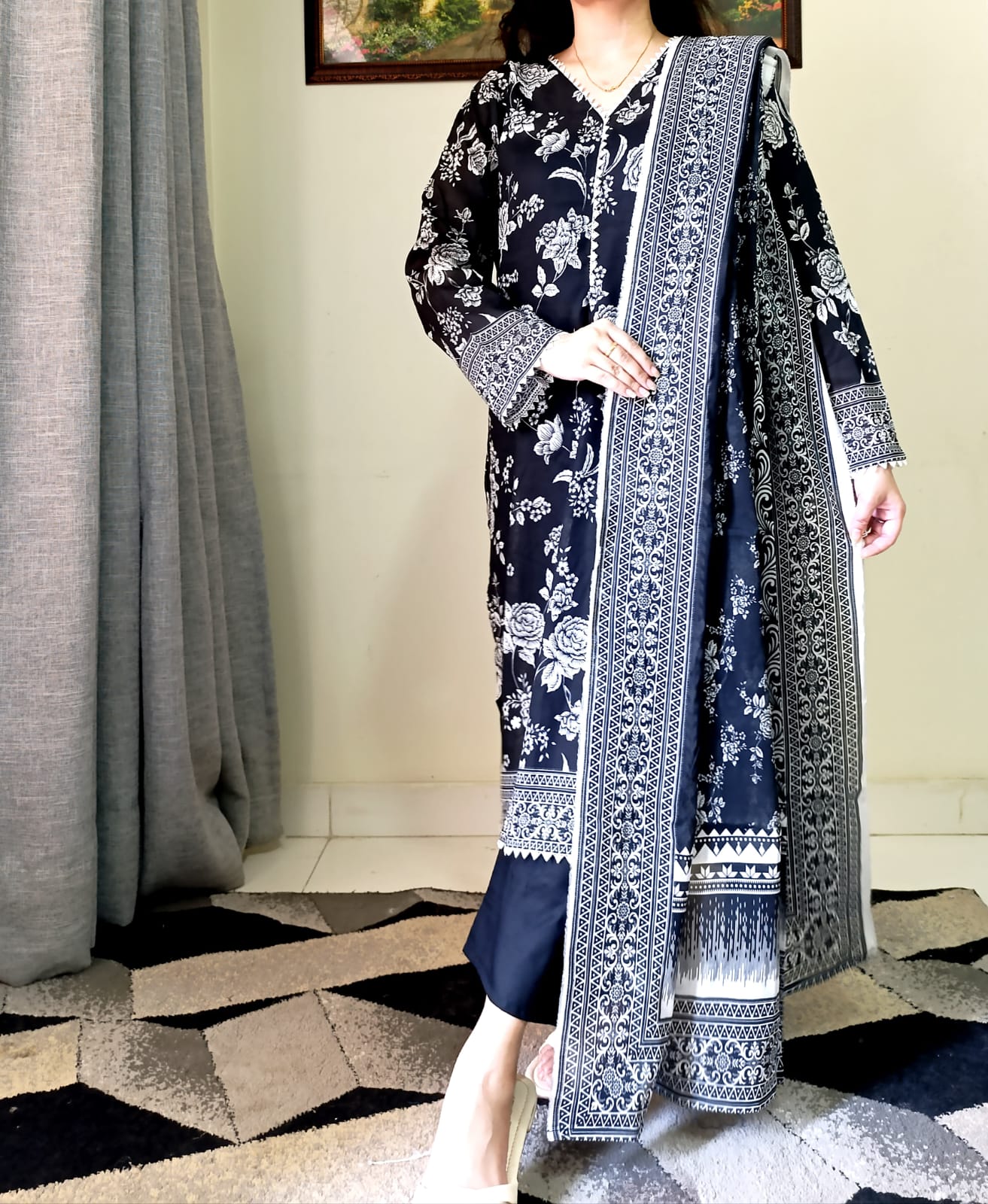Lawn Black White Stitch 3pc