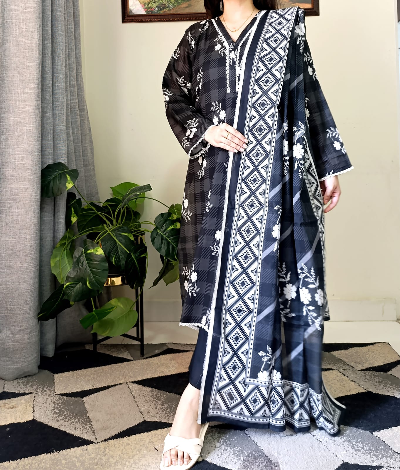 Lawn Black White Stitch 3pc