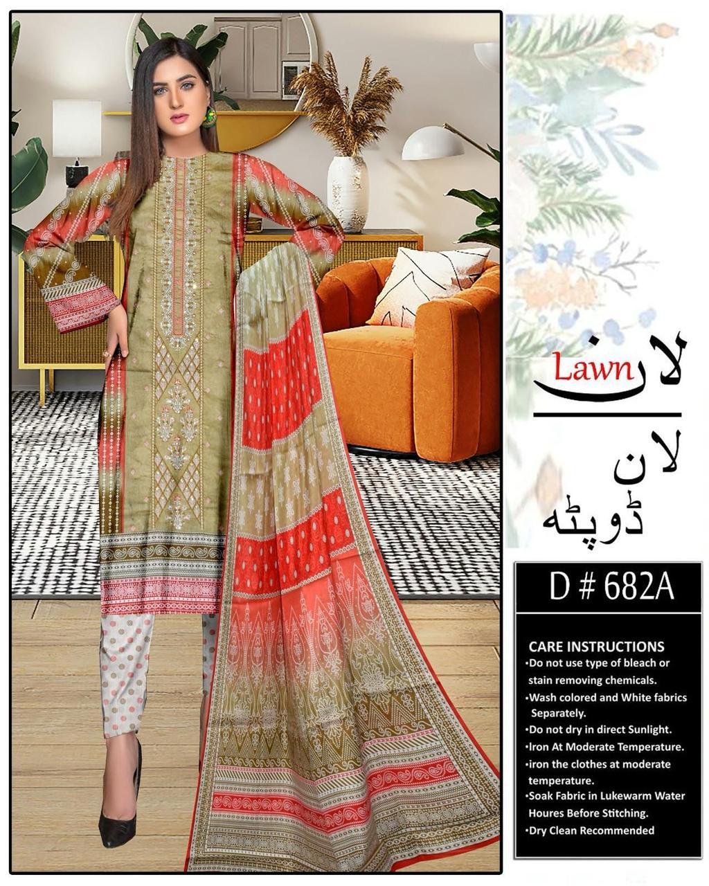 Lawn Embroidered 3pc With Lawn Dupatta