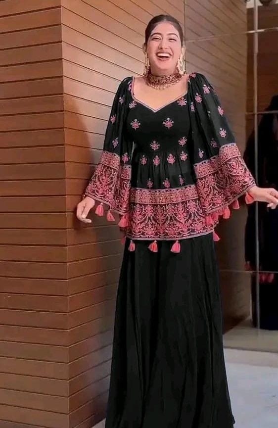 Front V Neck Heavy Multi Embroidered Peplum Frock With Chiffon Plazo And Emb Dupatta 3pcs