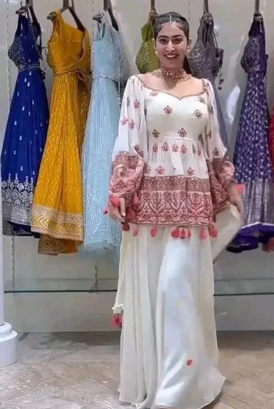 Front V Neck Heavy Multi Embroidered Peplum Frock With Chiffon Plazo And Emb Dupatta 3pcs