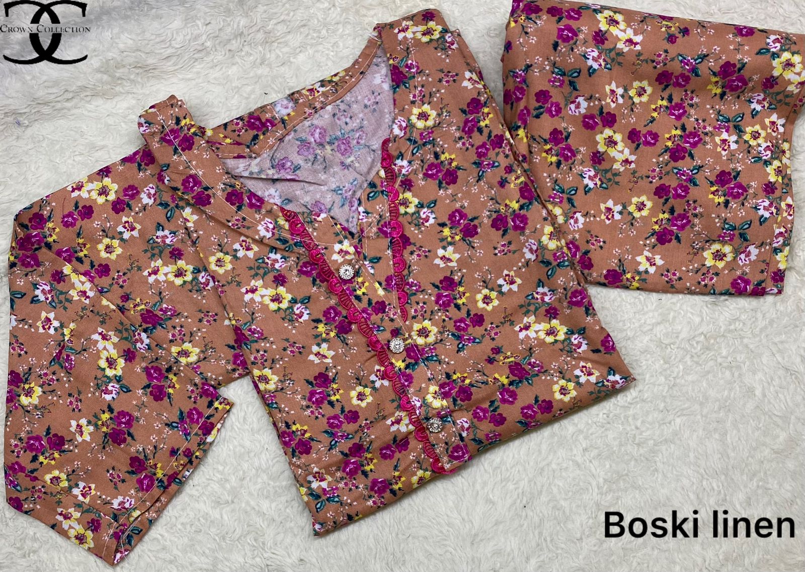 Available prints 🥰 linen boski   Printed 2pc suit with lace work imported fabric