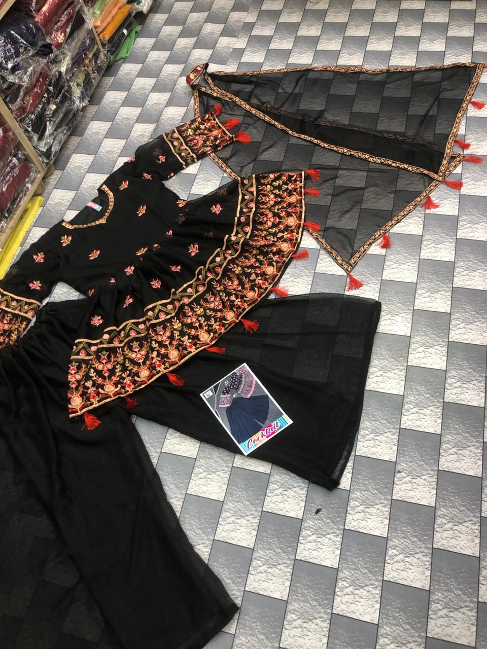 Front V Neck Heavy Multi Embroidered Peplum Frock With Chiffon Plazo And Emb Dupatta 3pcs