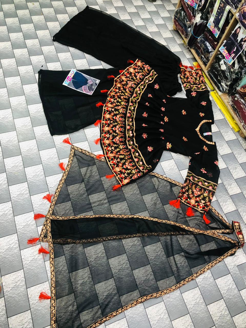Front V Neck Heavy Multi Embroidered Peplum Frock With Chiffon Plazo And Emb Dupatta 3pcs