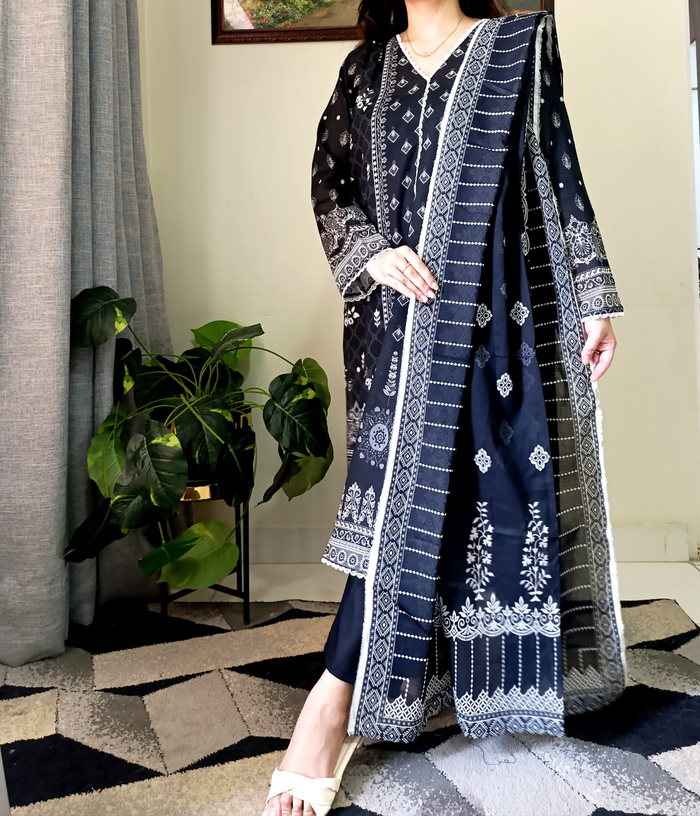 Lawn Black White Stitch 3pc