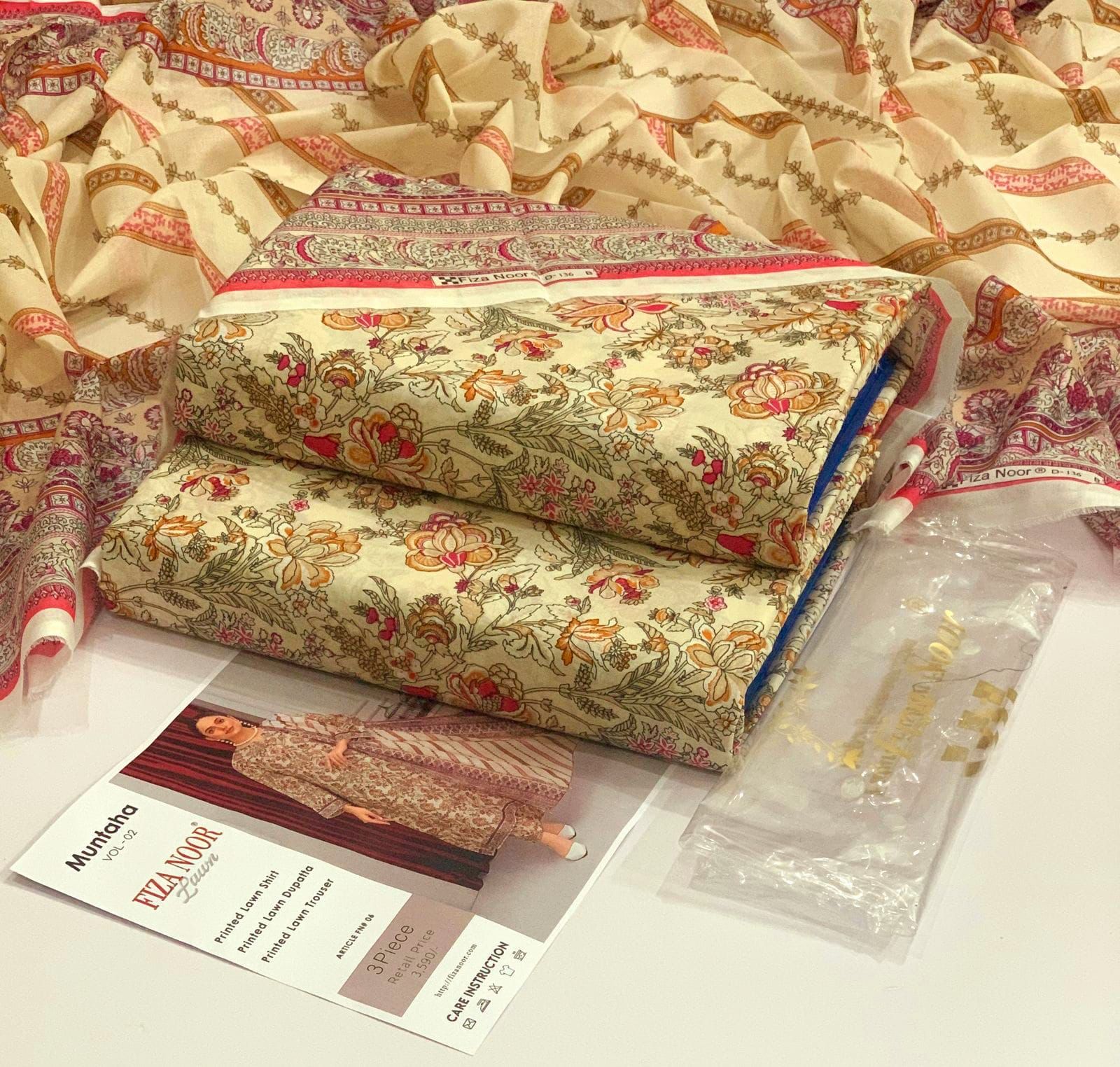 💯 Fiza Noor Lawn 3pc