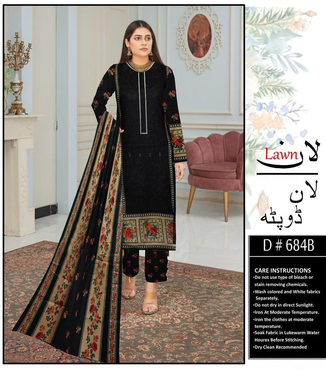 Lawn Embroidered 3pc With Lawn Dupatta